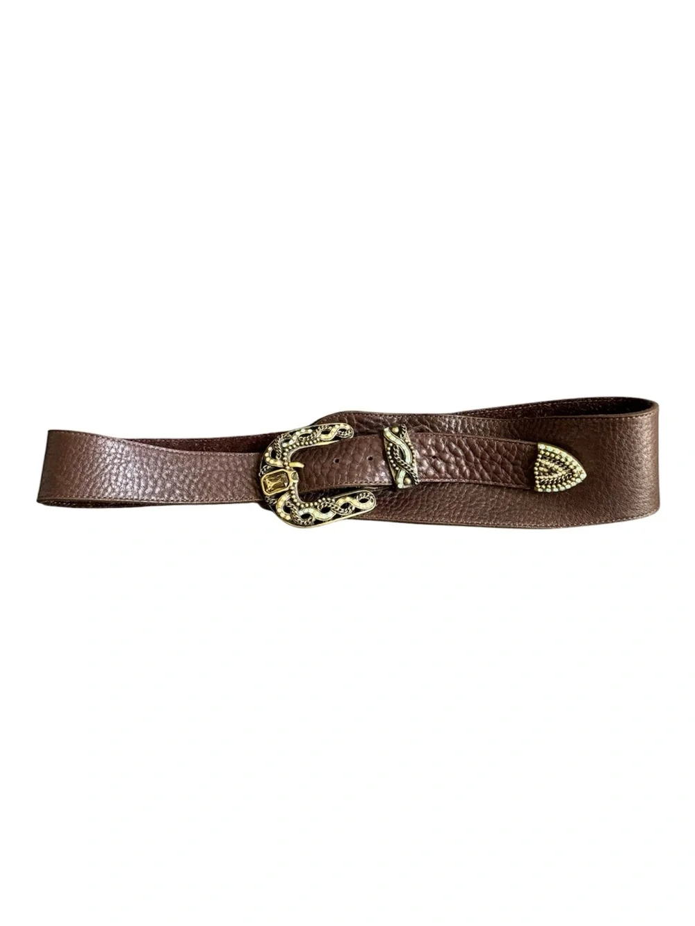 Leatherock Brown Leather Belt Rhinestone Ornate Turquoise Buckle Cowgirl‎ Large